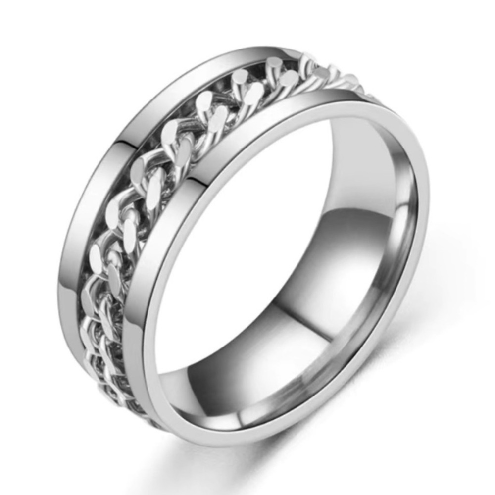 Stainless Steel Chain Link Spinner Ring - Silver Band Fidget Rotating Ring
